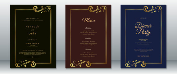 Stylish wedding invitation set featuring black, maroon, and navy backgrounds with golden ornamental frames. Includes wedding invite, dinner party card, and menu design.  