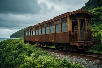 Fototapeta premium Abandoned train car on the tracks near the ocean, perfect for nostalgic or travel-themed projects