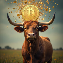 AI generated images of a bull with a bitcoin on his head. Bitcoin Bull market.