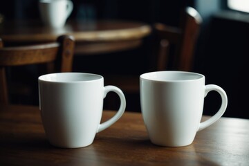 Two coffee cups on a wooden table, perfect for morning coffee or a cozy breakfast