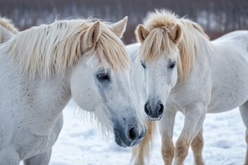 Obraz premium Two white horses stand together in a snowy environment