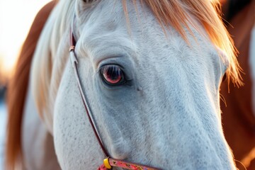 A close-up shot of a white horse with a distinctive red eye