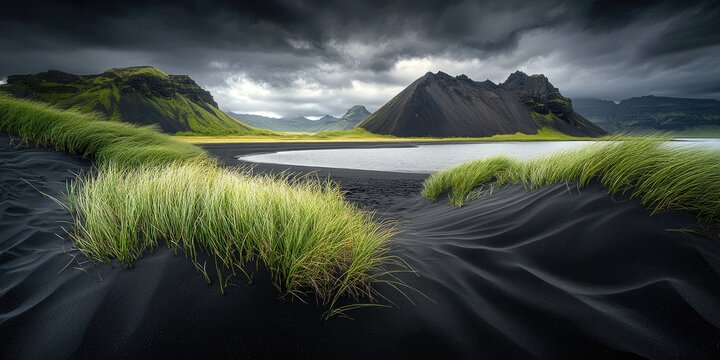 Dramatic black sand beach meets vibrant green grass, dramatic mountains and moody sky