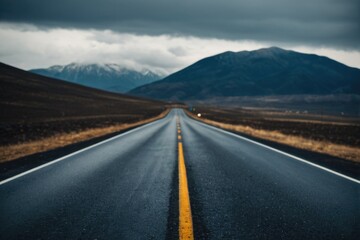 Naklejka premium A deserted road winding through mountains