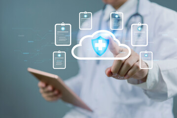 Doctor using digital tablet to access medical records on cloud storage. Healthcare professional touching virtual cloud icon for secure data sharing and online health management.