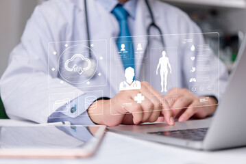Plakat Doctor accessing electronic medical records via digital cloud healthcare platform for patient data management and security.