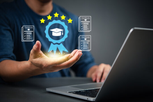 Man holding digital certificate icon with graduation cap, symbolizing online learning achievement. Concept of e-learning, remote education, and professional certification system.