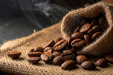 Freshly Roasted Coffee Beans Spilled from Burlap Sack with Steam