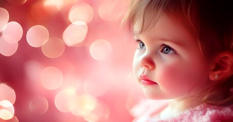 Baby girl with thoughtful expression, soft focus.