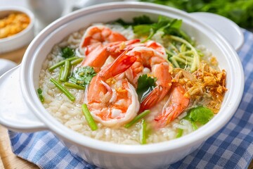 Rice porridge with shrimp ,homemade rice soup with shrimp in a white bowl