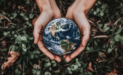 Earth held gently in hands, surrounded by nature.  A small globe of the Earth rests in cupped hands,  amongst greenery and leaves