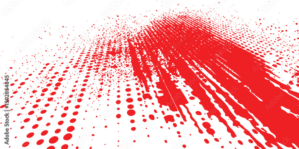 Poster Red halftone dotted grunge texture. Vector grunge texture on distress background. Glitch distorted grange shape. Dust and dots screen print texture.