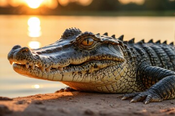 Obraz premium A close-up view of an alligator relaxing on a sandy beach, its scaly body and sharp teeth visible