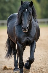 Obraz premium A black horse galloping across a dirt field, surrounded by lush green grass and blue sky