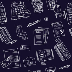 Billing hand drawn doodle seamless pattern. Vector illustration. Isolated elements on white background. Symbol collection.