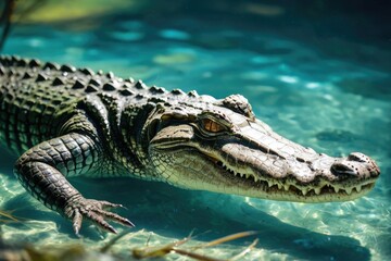Fototapeta premium A close-up view of an alligator's head and body in a body of water