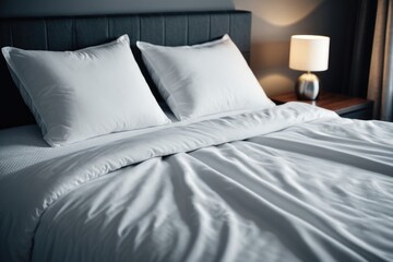 A simple bed frame with two white pillows on top, perfect for interior design or still life photography