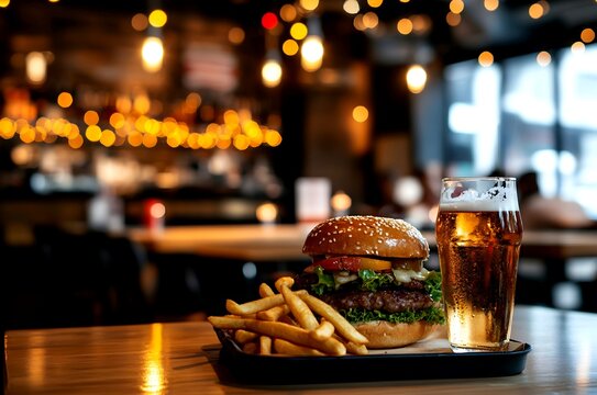 Delicious gourmet burger and refreshing cold beer perfectly plated for a delightful night out in a vibrant restaurant setting.
