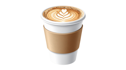 Delicious latte coffee with beautiful leaf art in a disposable coffee cup design