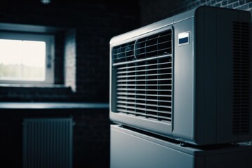 A modern air conditioner sitting in front of a window