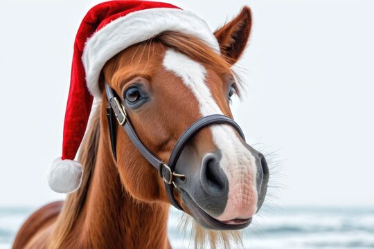 A horse is dressed as Santa Claus and standing on a sandy beach, surrounded by palm trees