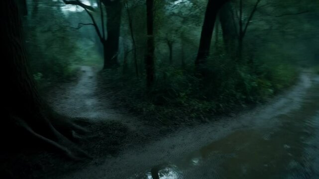 Mysterious forest path diverging into two directions after rain, creating a sense of enigma and choice.