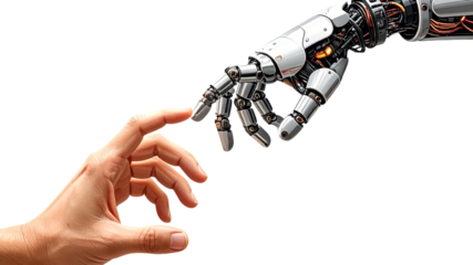 Human hand reaching towards a robotic hand concept for technology and the future