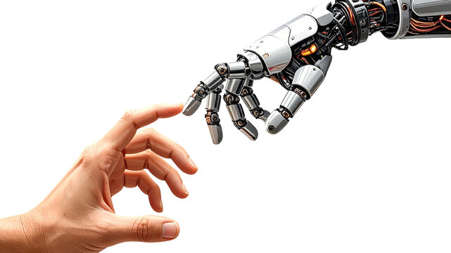 Human hand reaching towards a robotic hand concept for technology and the future