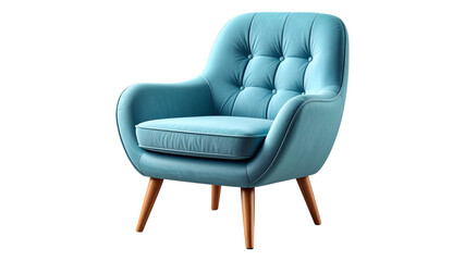 Luxurious teal armchair with buttoned back design and wooden legs isolated on transparent background