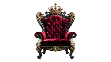 Luxurious royal throne with a golden crown and intricate carvings on red velvet fabric