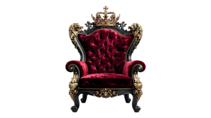 Luxurious royal throne with a golden crown and intricate carvings on red velvet fabric