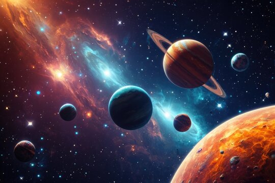 A collection of celestial bodies orbiting in the vastness of space, ideal for depicting astronomical concepts or futuristic scenes