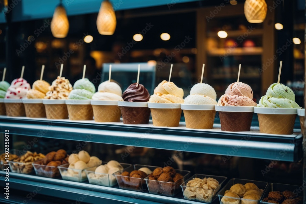 Poster a colorful display case filled with various flavors and toppings of ice cream