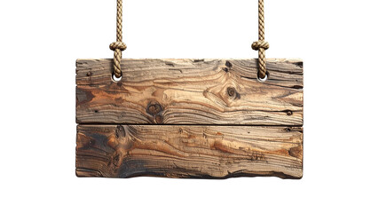 Rustic wooden sign hanging with rope displaying textured wood grain and knots in close-up