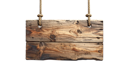 Rustic wooden sign hanging with rope displaying textured wood grain and knots in close-up
