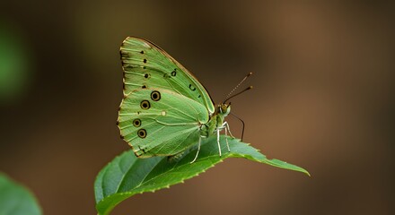 Vibrant Green Butterfly Resting on a Leaf Close-Up Nature Photography
