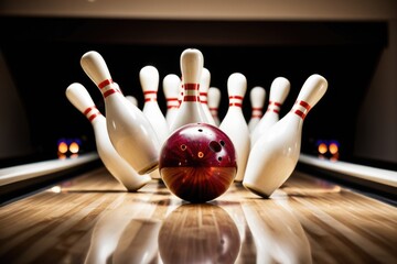 A red bowling ball sits atop a bowling alley, ready for action