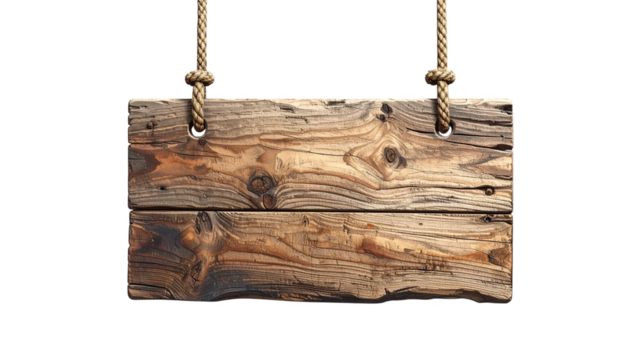 Rustic wooden sign hanging with rope displaying textured wood grain and knots in close-up