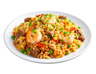 Fried rice with shrimp, chicken, and beef on a white plate isolated on a transparent background