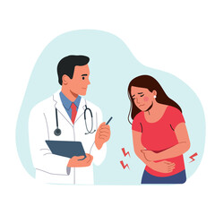 Doctor talks to a female patient. Young ill woman feel pain in stomach. Vector flat style cartoon illustration