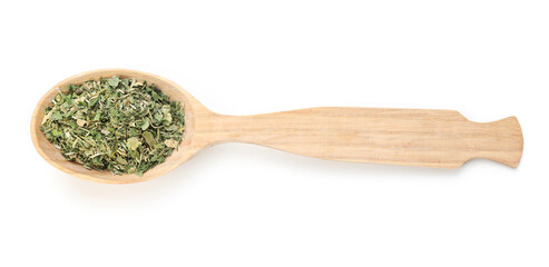 Dried parsley in wooden spoon isolated on white, top view