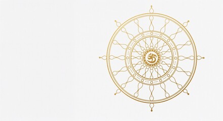 Golden dharma wheel with Om symbol on white background