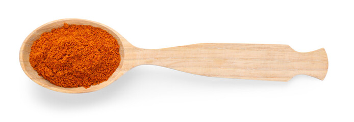 Aromatic paprika powder in wooden spoon isolated on white, top view