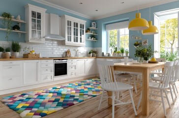 A white kitchen with a light blue wall, a colorful geometric rug on the floor, and a wooden table in front of an oven