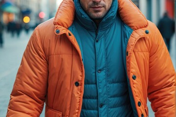 A person wearing an orange jacket walks along a city street