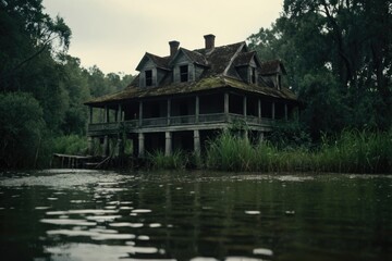 Obraz premium A charming old house sits at the edge of a serene lake, perfect for photography or illustration