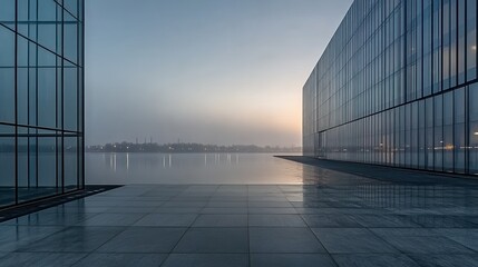 Fototapeta premium Modern glass architecture overlooking a tranquil water scene.