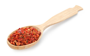 Red chili pepper flakes in wooden spoon isolated on white