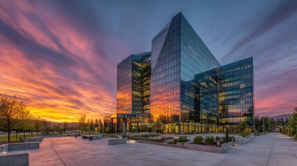 Glass building reflects sunset colors with plaza and trees under a vibrant sky at twilight hour