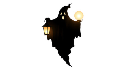 Silhouette of a spooky ghost carrying a lantern and an orb isolated PNG with Transparent Background